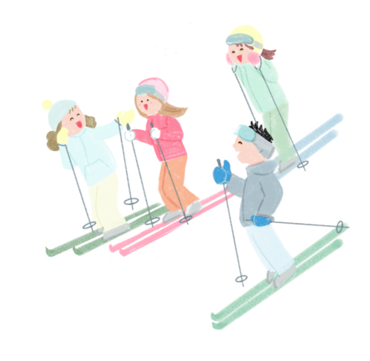 皆で楽しそうにスキーをするイラスト